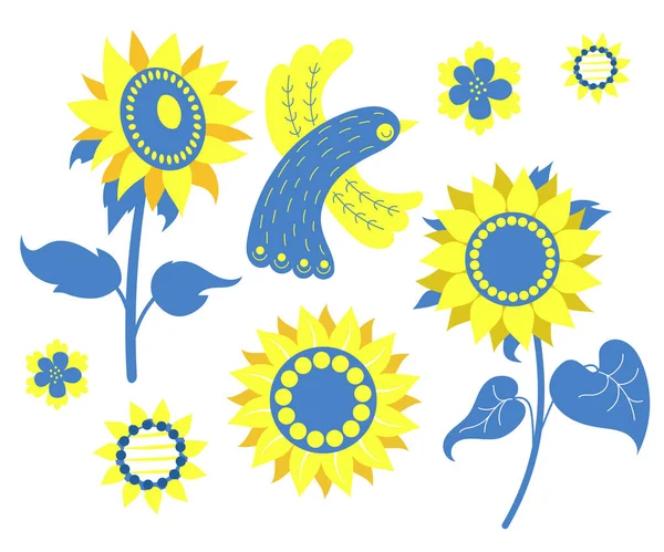 Zet Oekraïense Symbolen Decoratieve Vogel Bloemen Zonnebloemen Geel Blauw Kleuren — Stockvector