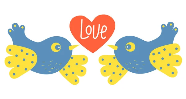 Paire Oiseaux Décoratifs Jaune Bleu Cœur Rouge Avec Mot Amour — Image vectorielle
