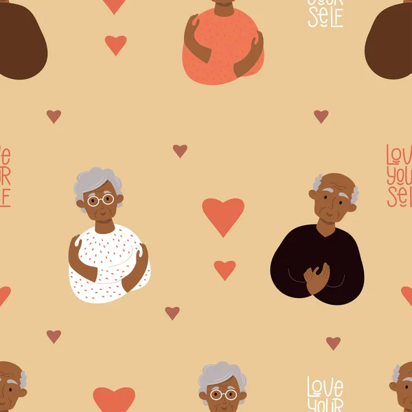 Seamless Pattern Dark Skinned Elderly Couple Happy Old People Ethnic — стоковый вектор