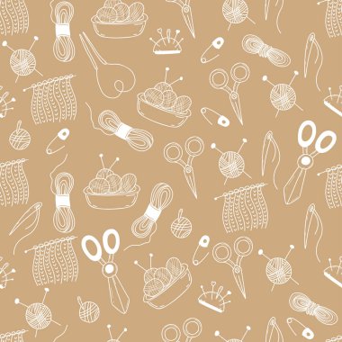 Kusursuz örgü deseni. Karalama stili iğneler, iplik, makas, açık kahverengi zemin üzerinde örgü iğneleri ve iğnelerle çizilmiş beyaz tebeşir doğrusal el çizimleri. Vektör illüstrasyonu