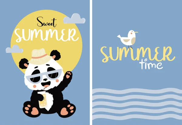 Cute Panda Sunglasses Cocktail Seagull Set Summer Cards Sweet Summer — Vetor de Stock