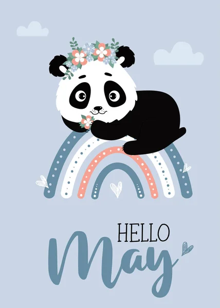 Roztomilá Panda Květinovým Věncem Duze Mraky Pohlednice Hello May Vektorová — Stockový vektor