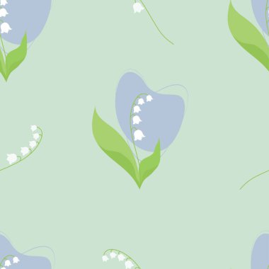 Kusursuz desenli, açık mavi arka planda güzel bir vadi zambağı. Vektör çizimi. Tasarım, ambalaj, dekor ve dekorasyon için orman çiçeğiyle bahar deseni