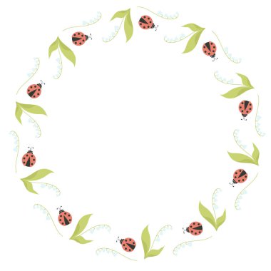 Yaprakları ve uğur böcekleriyle dolu vadideki zambakların olduğu yuvarlak çerçeve. Vektör çizimi. Güzel bahar kartı, dekorasyon, tasarım için peçete, kartpostal, dekor ve dekorasyon, baskı