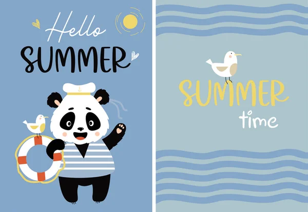 Set Summer Postcard Hello Summer Summer Time Cute Panda Sailor — Vetor de Stock