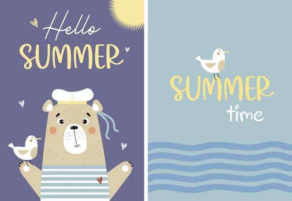 Set Summer Cards Hello Summer Summer Time Cute Bear Character — Vetor de Stock