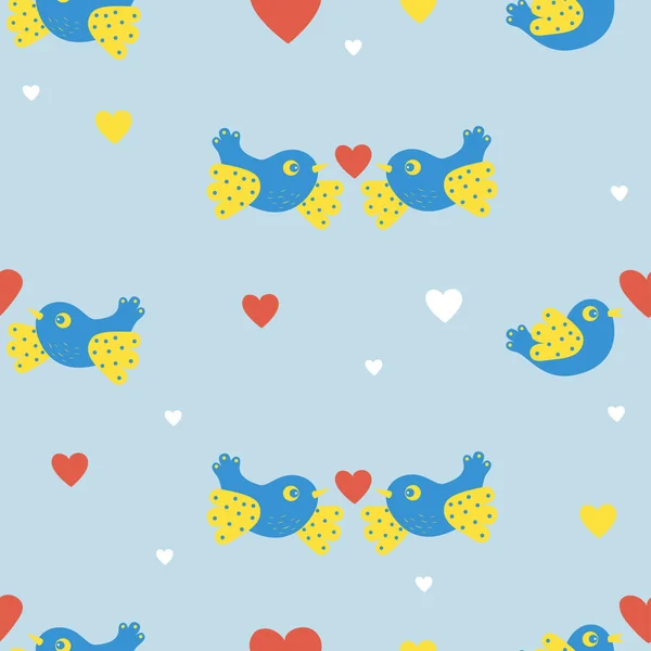 Seamless Pattern Pair Decorative Birds Heart Light Blue Background Vector — Stock Vector