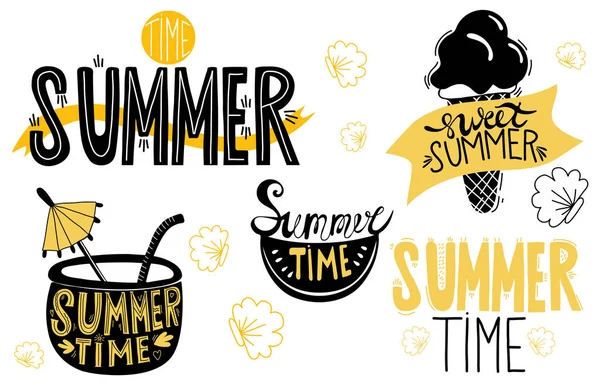 Tahsilat Yaz zamanı ve tatlı yaz. Kokteyl, karpuz dilimi ve harfli ve dekoratif harfli dondurma. Vektör yaz dekoru. Tasarım, dekor ve baskı için izole el çizimleri