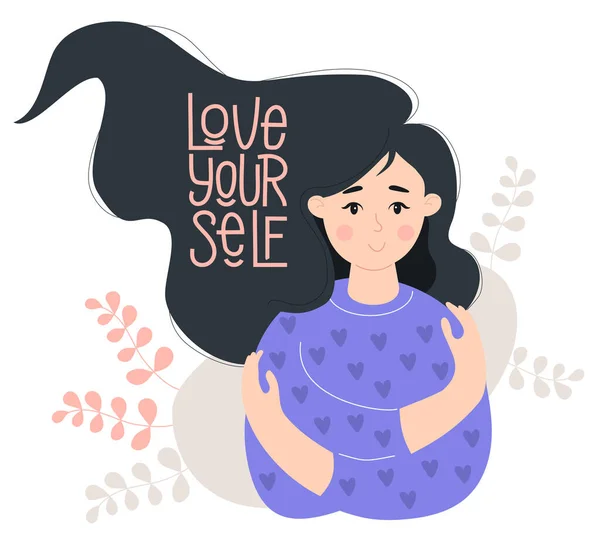 Love yourself. Pretty woman with hairstyle hugging herself. Concept Love yourself and find time for yourself and care. Vector illustration. Cute character in flat style for decoration and design — Vector de stock