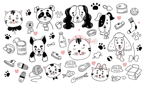 Big Collection Pets Belongings Cute Dog Cat Characters Toys Paw — Vector de stock