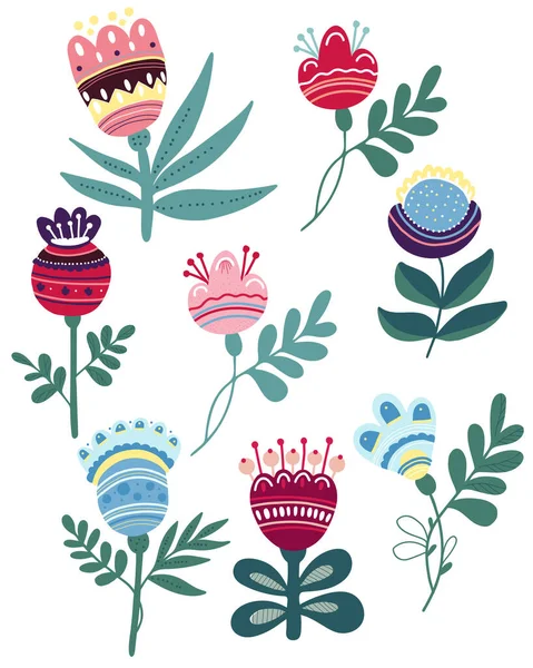 Dekoratif çiçek koleksiyonu. Çiçekleri ve tomurcukları olan bir dal. Beyaz arkaplanda vektör çizimi izole edildi. tasarım, dekor, kartpostallar ve yazdırma için renk bitkisi