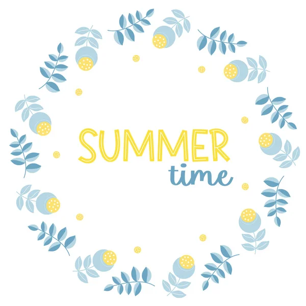 Summer Time Floral Frame Postcard Blue Yellow Flowers Leaves Vector — Stok Vektör