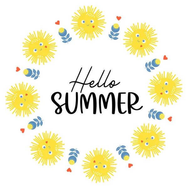 Hello Summer Postcard Frame Cute Sun Blue Yellow Flowers Vector — Stockvektor