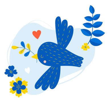 Beautiful blue bird dove of peace with branch in its beak on decorative background with flowers. Vector illustration for decor, design, print, covers, valentines, romantic cards and postcards