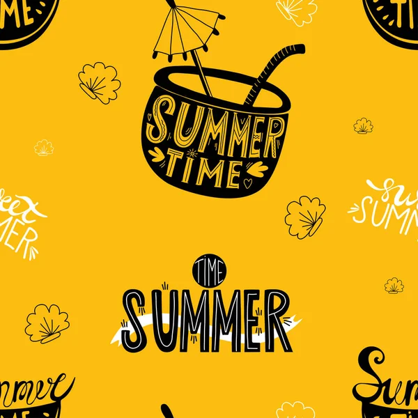 Seamless Summer Pattern Slice Watermelon Cocktail Straw Lettering Summer Time — Image vectorielle