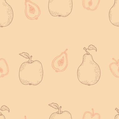 Meyveli kusursuz desen. Elma ve armut, hepsi açık turuncu arka planda. Vektör çizimi. Tasarım, dekor, duvar kağıdı ve ambalaj için elle çizilmiş çizgi çizimi