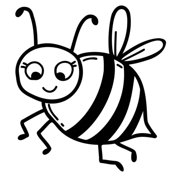 Niedliche Biene Geflügeltes Streifeninsekt Wespe Lineare Handzeichnung Vektorillustration Charakter Für — Stockvektor