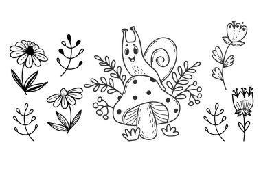 Collection Cute snail and decorative flowers, daisies and twigs. Linear hand drawing. Vector illustration. Isolated elements Funny snail clam and flowers for design and decor
