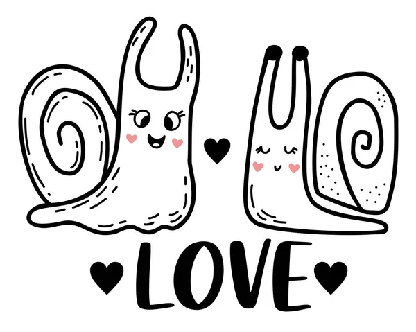 Pair Cute Snails Love Word Love Linear Hand Drawn Doodle — Vector de stock