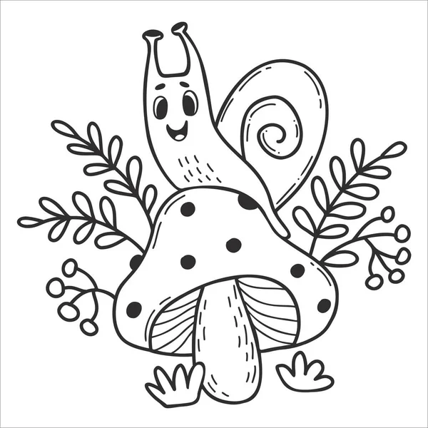 Cute Snail Mushroom Toadstool Linear Hand Drawn Doodle Vector Illustration — Stok Vektör