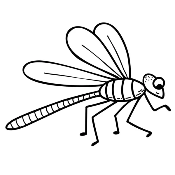 Roztomilá Vážky Okřídlený Hmyz Lineární Kresba Rukou Vektorová Ilustrace Znak — Stockový vektor