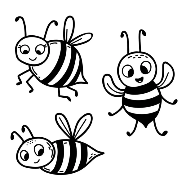 Kolekce Roztomilých Včel Okřídlený Pruhovaný Hmyz Vosy Lineární Kresba Rukou — Stockový vektor