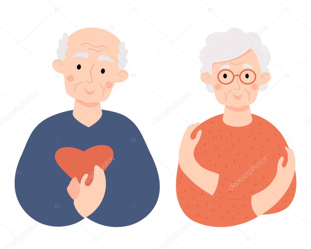 Loving couple of elderly people. Cute senior lady and bald old man. Concept Take care of yourself, love yourself. Vector illustration. Cute persioner character for conceptual design