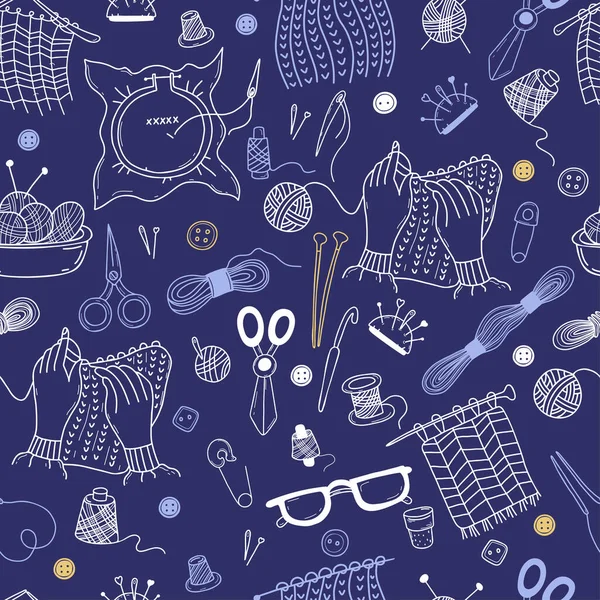 Seamless pattern. Knitting and embroidery. Sewing elements, threads and knitting needles, scissors and needles, knitting hands and glasses on blue background. Vector illustration. Linear doodle —  Vetores de Stock
