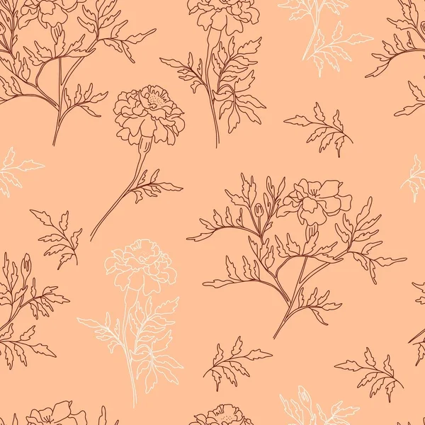 Floral seamless pattern. Beautiful blooming marigolds with leaves and buds on light orange background. Vector illustration. Linear hand drawing, sketch for design, packaging, wallpaper and print. — Archivo Imágenes Vectoriales