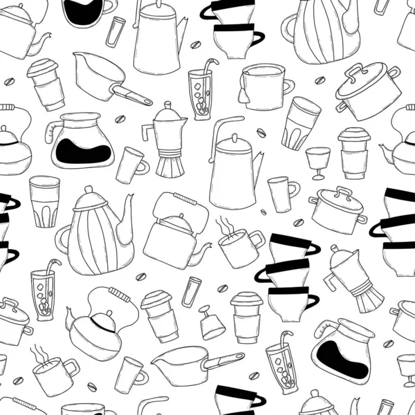 Modèle sans couture avec ustensiles de cuisine. Articles de cuisine, théières et verres, casserole et cafetière, louche et café sur fond blanc. Illustration vectorielle. Décrivez le style doodle linéaire dessiné. — Image vectorielle