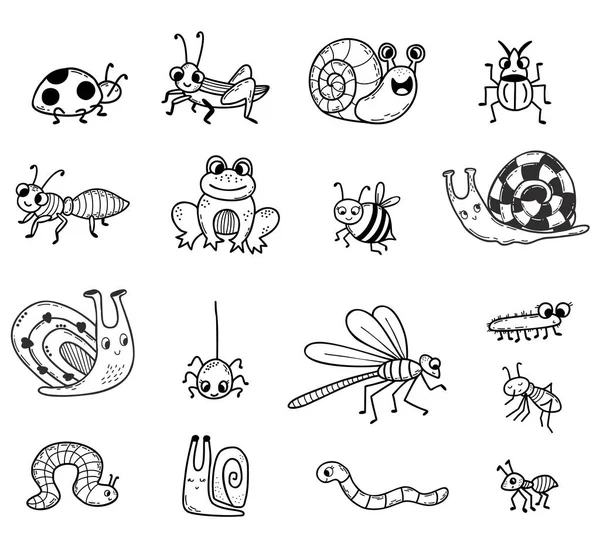 Vector Collection von niedlichen Insekten. Lineares, handgezeichnetes Doodle. Vereinzelte dekorative Zeichen Frosch, Schnecke, Käfer und Spinne, Libelle und Biene, Marienkäfer und Mücke für Design, Dekoration, Dekoration. — Stockvektor