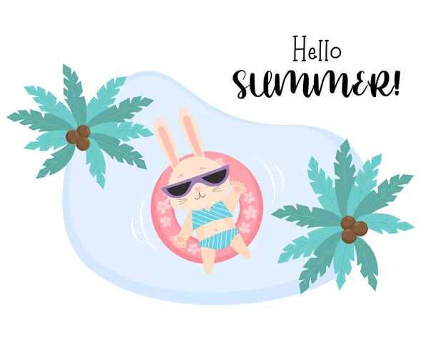 Bonjour l'été. Carte tropicale avec mignon lapin de plage en maillot de bain, lunettes de soleil flottant en mer sur anneau en caoutchouc imperméable. Illustration vectorielle. caractère d'été lièvre touriste. Pour conception, impression et cartes postales — Image vectorielle