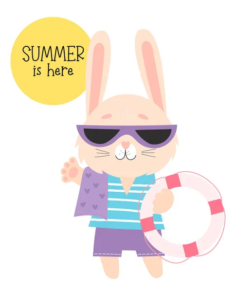 Carte Été Avec Mignon Lapin Plage Dans Des Lunettes Soleil — Image vectorielle