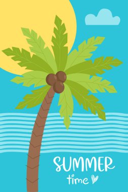 Deniz, güneş ve palmiye ağaçlarıyla dolu bir yaz dönemi posteri. Vektör çizimi. Broşürler, kartpostallar, reklamlar ve seyahat broşürleri için güzel bir tropikal plaj haritası.