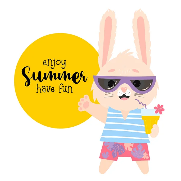 カクテルとサングラスでかわいい夏のウサギ ベクトルイラスト 熱帯の観光ウサギのキャラクターとスローガン付きのカード 夏を楽しむ楽しみがあります チラシ ポストカード 旅行パンフレット — ストックベクタ