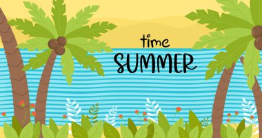 Tropik yatay kartpostal, yaz zamanı. Deniz, çiçekler, palmiye ağaçları ve tropikal manzara. Vektör çizimi. Tasarım, dekor, baskı, seyahat broşürleri ve reklamlar için tropik deniz manzarası