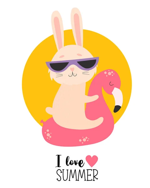 Ich Liebe Den Sommer Niedliche Lustige Häschen Sonnenbrille Auf Flamingo — Stockvektor