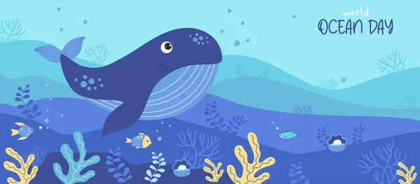 Niedlicher Blauwal Fische Und Korallen Horizontales Tropisches Poster Mit Unterwasserwelt — Stockvektor