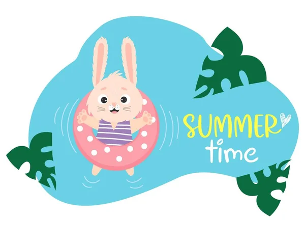 Tropische Sommerzeit Postkarte Niedlicher Hase Schwimmt Auf Wasserdichtem Gummiring Vektorillustration — Stockvektor