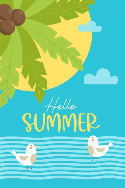 Hallo Sommer Plakat Mit Meer Palme Und Möwen Auf Wellen — Stockvektor