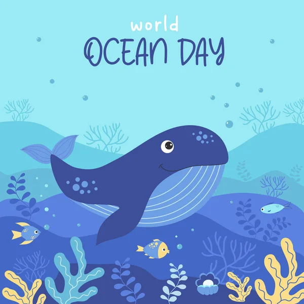 Şirin mavi balina, balık ve mercan. Dünya Okyanusu Günü 8 Haziran. Sualtı dünyası ve deniz hayvanları manzaralı tropik kare bir poster. Tasarım, dekor, broşür, reklam için vektör illüstrasyonu