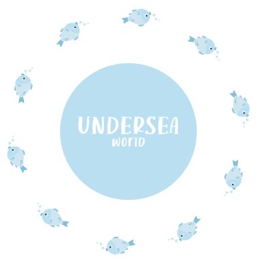 Yuvarlak çerçeveli deniz balığı. Deniz altı dünyası. Vektör çizimi. Dekoratif çerçeve dekorasyonu, tasarım, kartpostal, dekor ve dekorasyon için deniz hayvanlı peçete, baskı