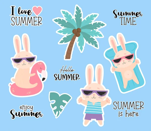 Verzameling Van Stickers Zomertijd Leuke Grappige Konijntjes Een Zonnebril Drijven — Stockvector