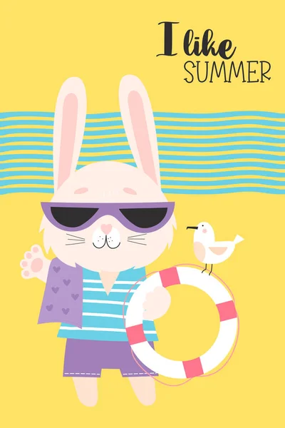 熱帯夏のカード 私は夏が好きです サングラスでかわいいウサギとライフブイとカモメとビーチウェア ベクトルイラスト デザイン はがき チラシのための夏面白い明るいウサギ — ストックベクタ