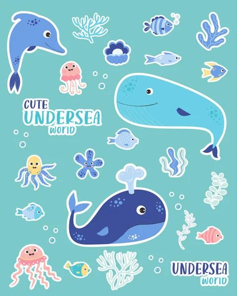 Pegatinas Lindos Animales Marinos Ballena Azul Delfines Peces Medusas Estrellas — Vector de stock