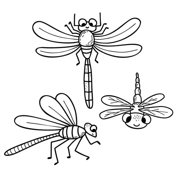 Collection Libellules Mignonnes Insecte Ailé Doodle Linéaire Dessiné Main Illustration — Image vectorielle