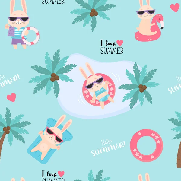 Modèle Sans Couture Tropical Été Drôle Mignon Lapins Plage Lunettes — Image vectorielle