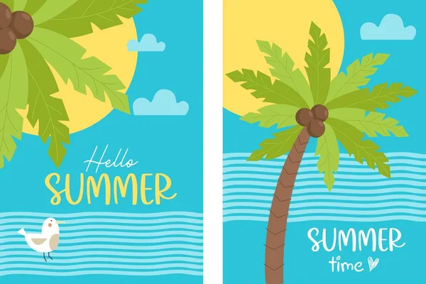 Set Zomerposters Met Zee Palmbomen Meeuw Vector Illustratie Tropische Verticale — Stockvector