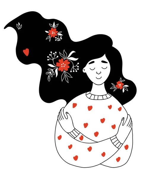 Krásná Dívka Dlouhými Vlasy Květinami Objímá Sama Sebe Vektorová Ilustrace — Stockový vektor