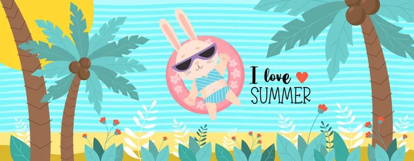 Carte Postale Tropicale Adore Summer Mignon Lapin Maillot Bain Lunettes — Image vectorielle